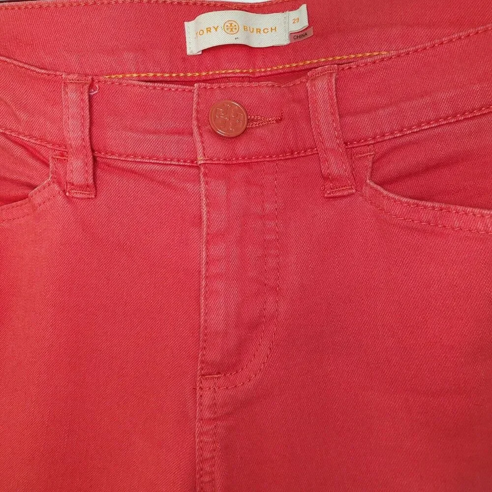 Tory Burch Emmy Ankle Skinny Jeans 29 Jasper Red Snap Button Cuffs